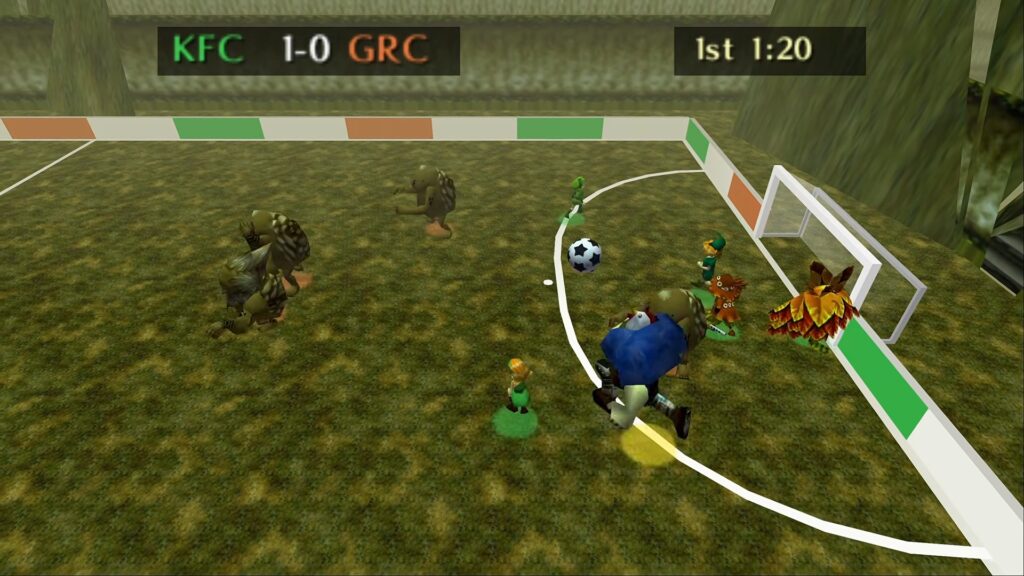 Soccerina of Time Turns Ocarina of Time Into Hyrule’s Strangest Soccer Game 2 Soccerina of Time players crowding the goal as a custom Cucco-headed character approaches the ball