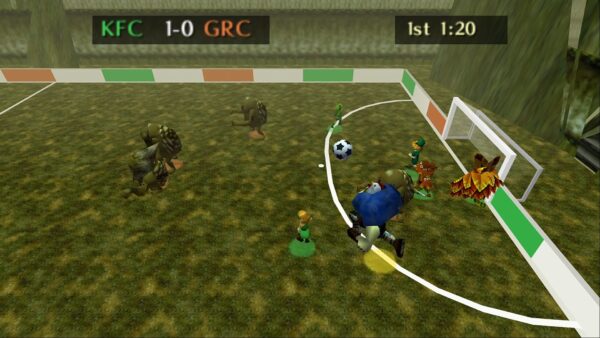 Soccerina of Time players crowding the goal as a custom Cucco-headed character approaches the ball