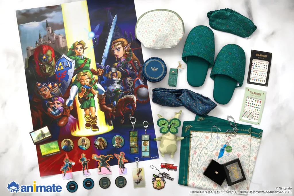 Animate’s Zelda merchandise collection, including character stands, jewelry, keychains, pouches and slippers.
