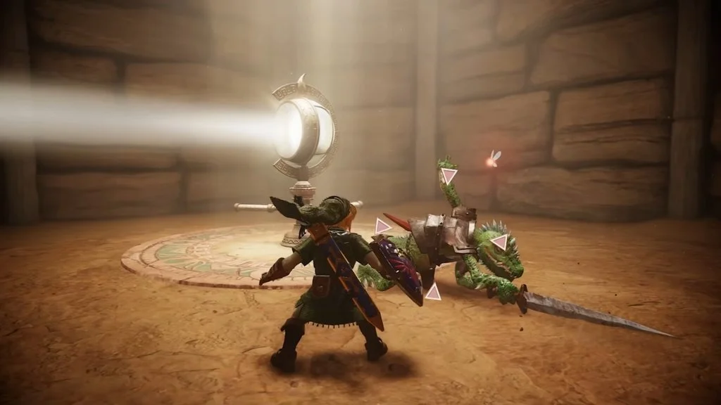 Link targets a Dinolfos in the Spirit Temple as a beam of light crosses the room. Link targets a Dinolfos in the Spirit Temple as a beam of light crosses the room.
