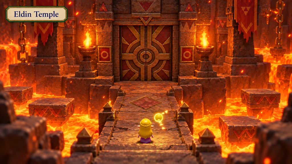 The Rift on Eldin Volcano - The Legend of Zelda: Echoes of Wisdom Walkthrough 70 Title plaque reading “Eldin Temple” above Zelda and Tri facing a volcanic stone doorway over lava.