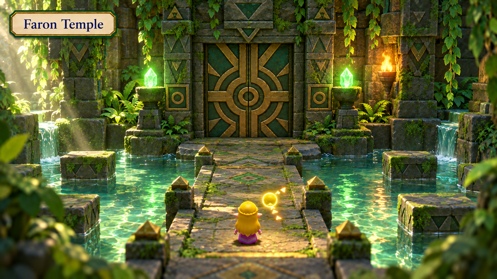 A Rift in the Faron Wetlands - The Legend of Zelda: Echoes of Wisdom Walkthrough 53 Title plaque reading “Faron Temple” above Zelda and Tri facing a moss-covered doorway in a flooded forest temple.