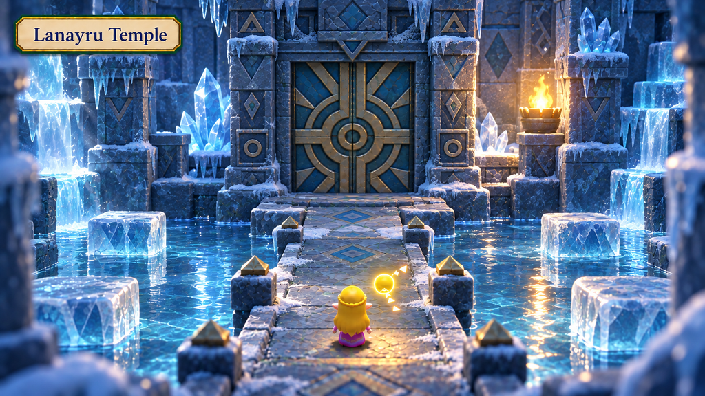 Hebra Mountain: A Rift on Holy Mount Lanayru - The Legend of Zelda: Echoes of Wisdom Walkthrough 98 Title plaque reading “Lanayru Temple” above Zelda and Tri facing an icy stone doorway.