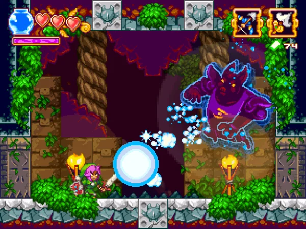 Bind battles a large purple horned boss in The Legend of Princess, firing a magical projectile inside a jungle-themed temple.