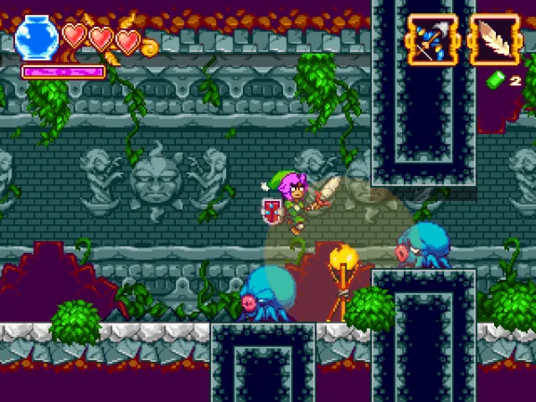 Bind jumps between stone platforms while fighting blue enemies in the vine-covered Dirt Temple in The Legend of Princess.