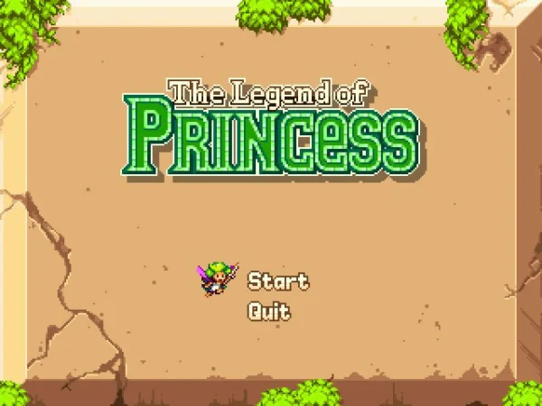 The Legend of Princess title screen featuring the green game logo, pixel-art hero Bind, and Start and Quit menu options.