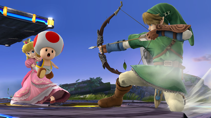 Link with his bow pulled back and Zelda using mushroom as shield from Super Smash Bros. Link with his bow pulled back and Zelda using mushroom as shield from Super Smash Bros.