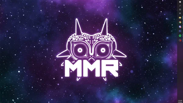 Majora's Mask Randomizer (MMR) logo featuring a glowing purple outline of Majora's Mask against a star-filled galaxy background.