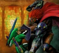 Official Artwork of Link and Ganondorf in battle from The Legend of Zelda: Ocarina of Time Official Artwork of Link and Ganondorf in battle from The Legend of Zelda: Ocarina of Time