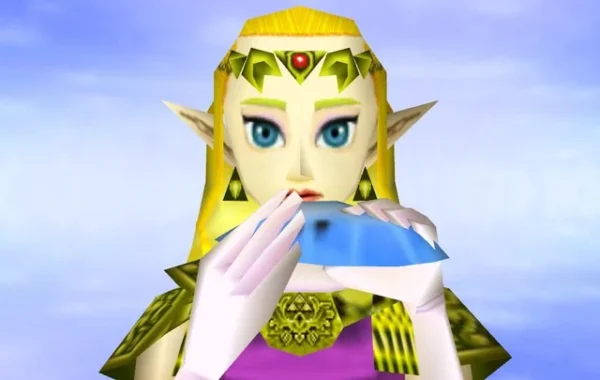 Screenshot of Princess Zelda playing the Ocarina of Time from The Legend of Zelda.