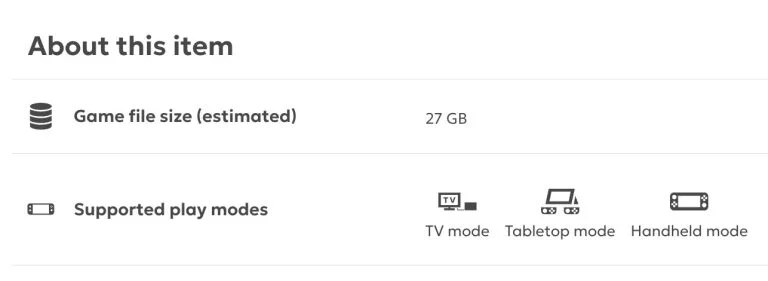 Nintendo’s Ocarina of Time remake listing showing an estimated 27 GB file size and support for TV, tabletop, and handheld modes. Nintendo’s Ocarina of Time remake listing showing an estimated 27 GB file size and support for TV, tabletop, and handheld modes.
