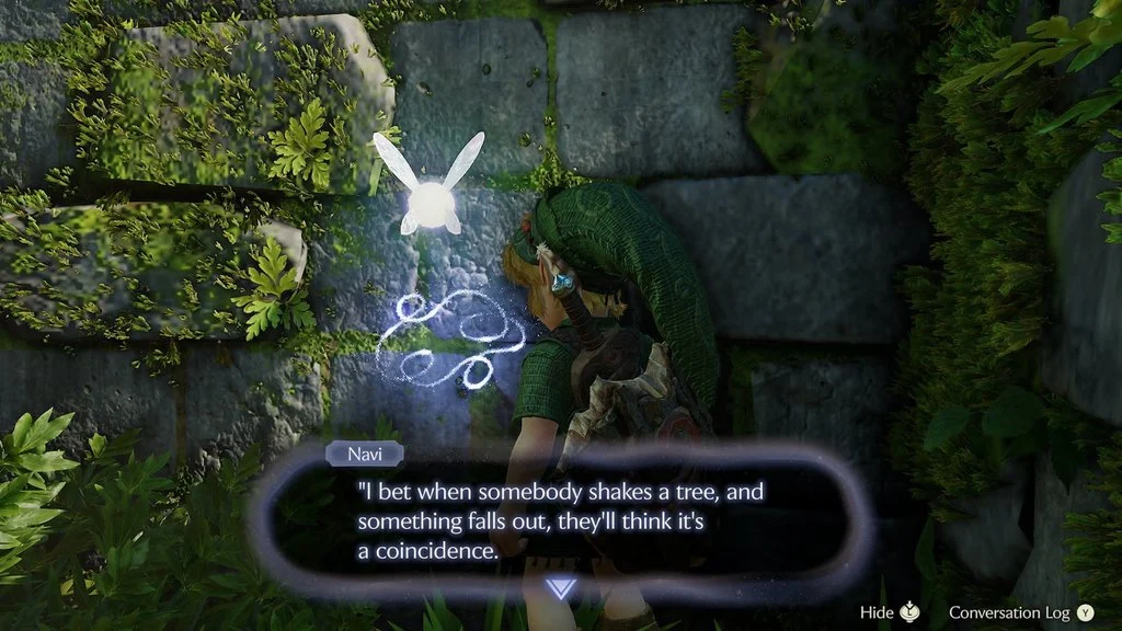 Navi revealing a Fairy Thought message about shaking trees in the Ocarina of Time remake Navi revealing a Fairy Thought message about shaking trees in the Ocarina of Time remake
