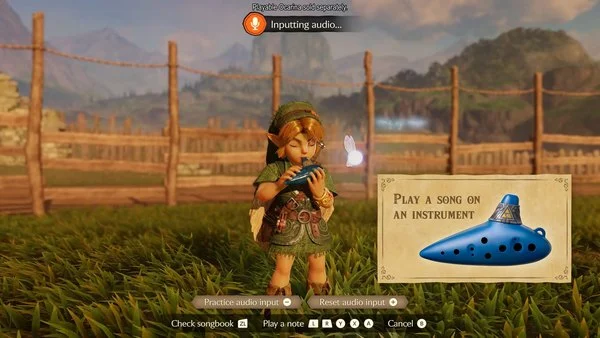 Young Link plays his ocarina beside Navi as the Ocarina of Time remake demonstrates microphone input using a real instrument. Young Link plays his ocarina beside Navi as the Ocarina of Time remake demonstrates microphone input using a real instrument.