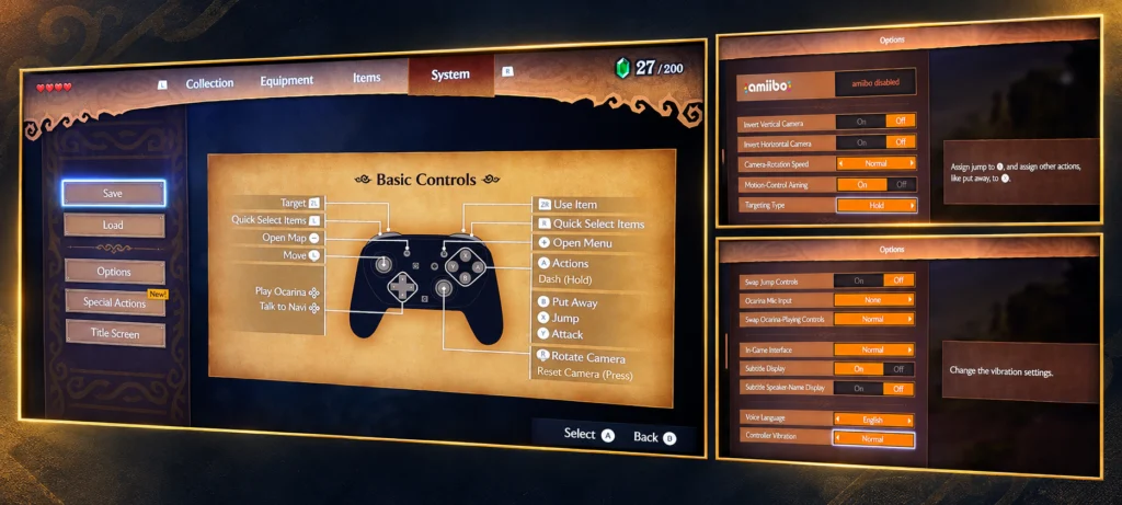 Collage of the Ocarina of Time remake’s basic controls screen and gameplay settings menus.
