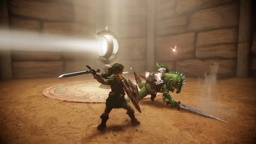 Adult Link swings his sword at an armored Dinolfos in the Spirit Temple. Adult Link swings his sword at an armored Dinolfos in the Spirit Temple.