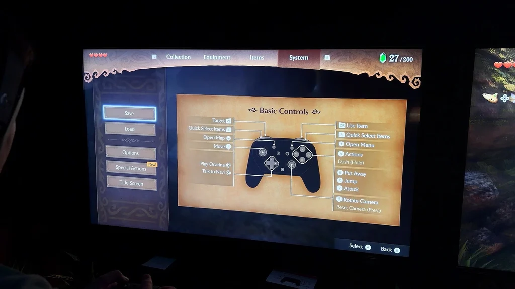 Ocarina of Time remake options screen showing motion-control aiming, ZL targeting type, camera settings, and ocarina controls. Ocarina of Time remake options screen showing motion-control aiming, ZL targeting type, camera settings, and ocarina controls.