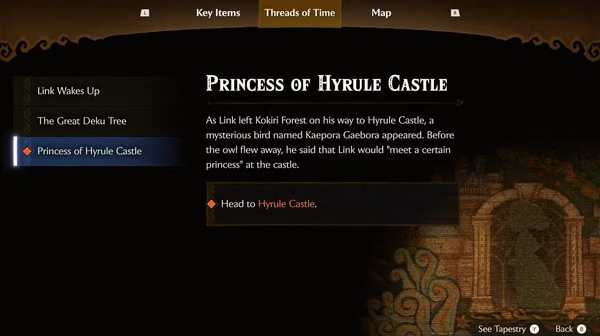 Threads of Time quest menu in The Legend of Zelda: Ocarina of Time remake for Nintendo Switch 2, showing the Princess of Hyrule Castle objective and instructions to head to Hyrule Castle.
