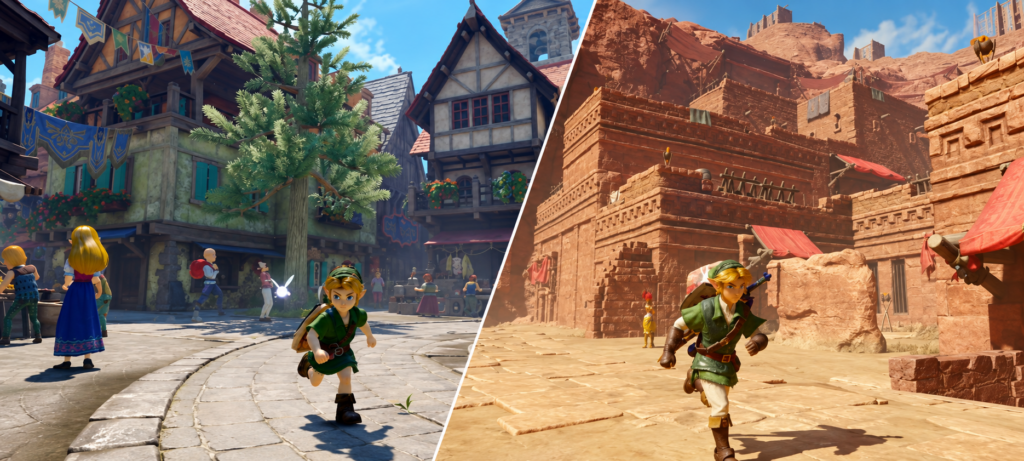 Young Link in Hyrule Castle Town and adult Link at Gerudo Fortress in the Ocarina of Time remake for Nintendo Switch 2.