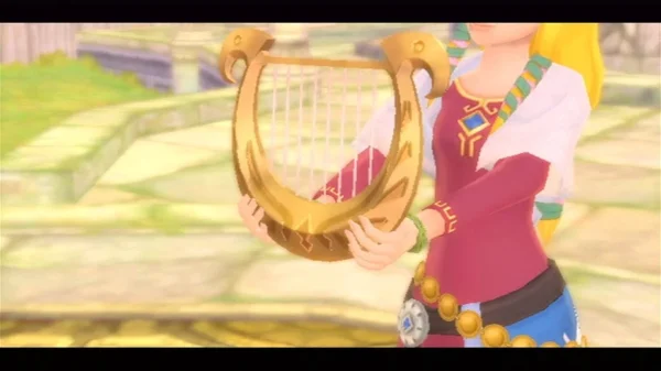 Screenshot of the goddess Hylia holding the harp from The Legend of Zelda: Twilight Princess