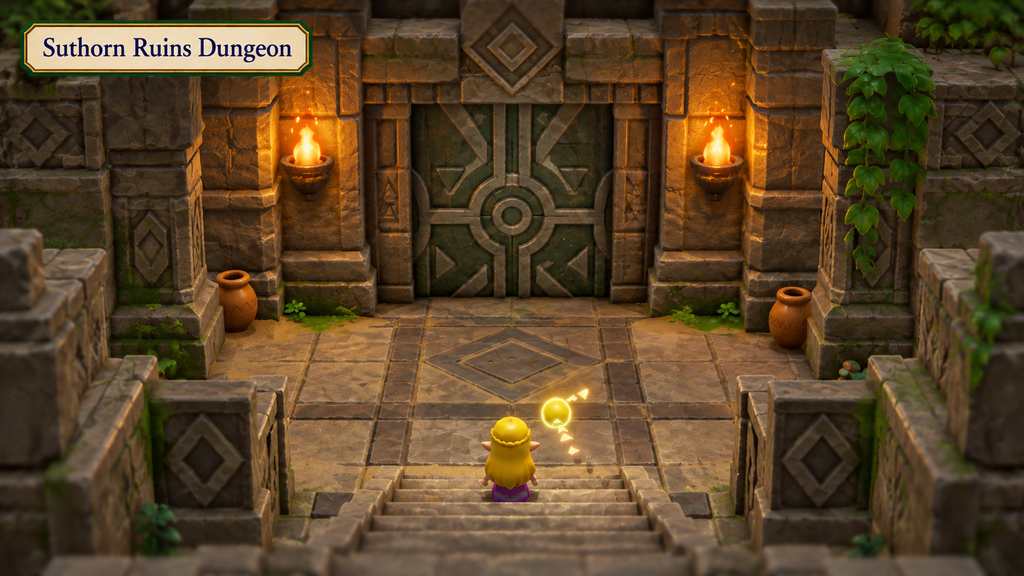 The Mysterious Rifts in Suthorn Forest - The Legend of Zelda: Echoes of Wisdom Walkthrough 27 Title plaque reading “Suthorn Ruins Dungeon” above Zelda and Tri facing a torchlit stone doorway.