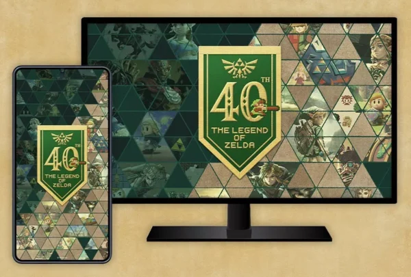 Preview of The Legend of Zelda 40th Anniversary digital wallpaper displayed on a phone and monitor. Preview of The Legend of Zelda 40th Anniversary digital wallpaper displayed on a phone and monitor.