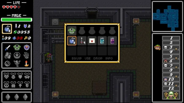 Inventory screen showing Link's collected equipment and usable items in The Legend of Zelda: Dungeons of Infinity.