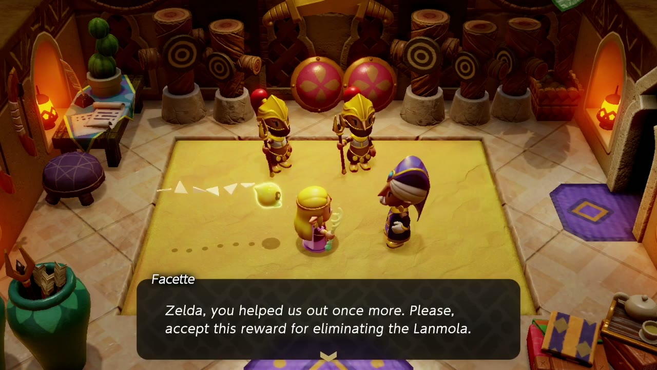 Facette asks Zelda to accept a reward for eliminating the Lanmola. Facette asks Zelda to accept a reward for eliminating the Lanmola.