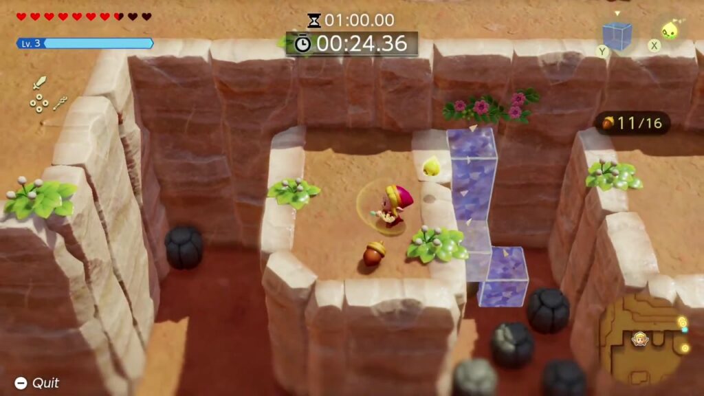 Automatons 40 Acorn game in Western Hyrule Field's rocky maze: timer 00:24.36 of 1:00, 11/16 acorns