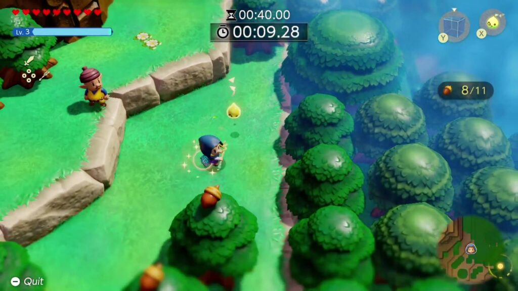 Zelda rast den Pfad entlang und sammelt Eicheln im Wettlauf gegen die Zeit (40 Sekunden).