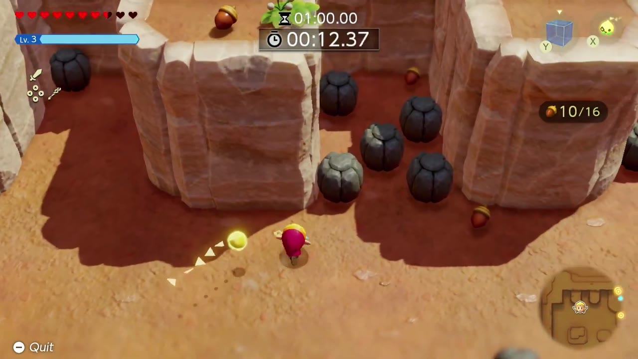 تتسابق زيلدا عبر متاهة الوادي الصخري في الغرب Hyrule حقل يحتوي على 10 من أصل 16 حبة بلوط في 12.37 ثانية. تتسابق زيلدا عبر متاهة الوادي الصخري في الغرب Hyrule حقل يحتوي على 10 من أصل 16 حبة بلوط في 12.37 ثانية.