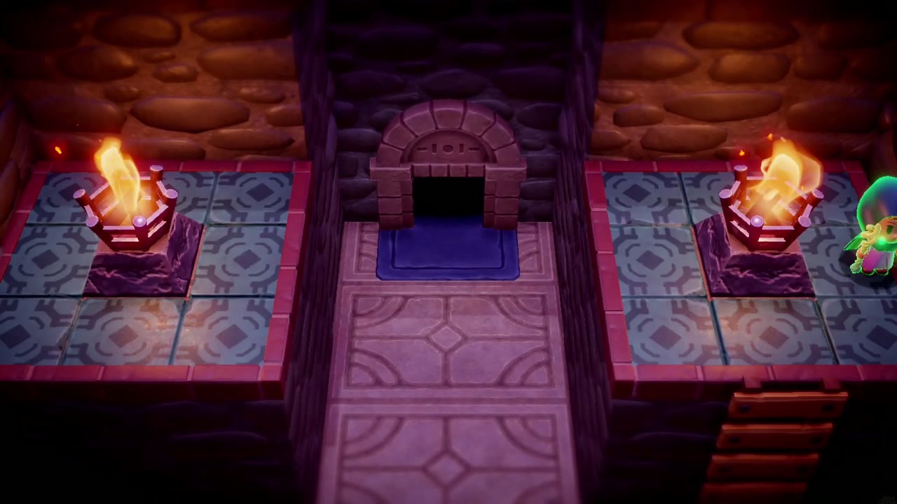 Hyrule Castle: Still Missing - The Legend of Zelda: Echoes of Wisdom Walkthrough 73 With all four torches lit, the door between the two raised platforms stands open.