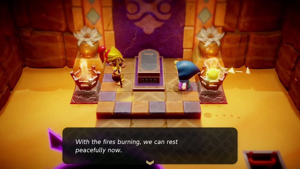 A Rift in the Gerudo Desert - The Legend of Zelda: Echoes of Wisdom Walkthrough 56 With both braziers burning, the ancestor's spirit says the warriors can now rest peacefully.