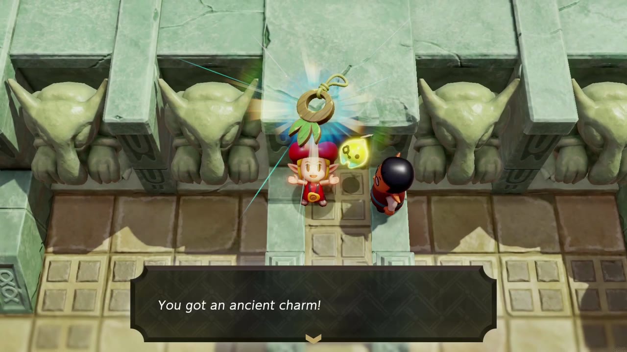Sago rewards Zelda with an ancient charm at the ruins entrance after Let's Play a Game. Sago rewards Zelda with an ancient charm at the ruins entrance after Let's Play a Game.