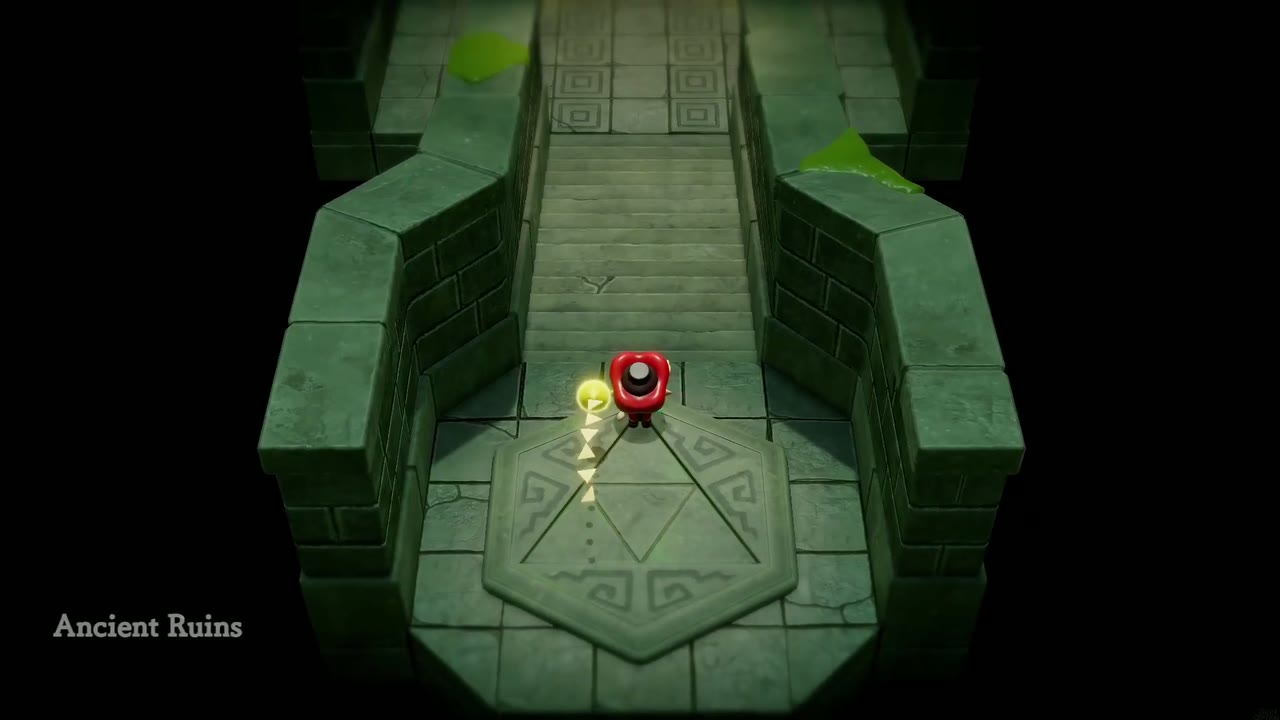 The Eternal Forest - The Legend of Zelda: Echoes of Wisdom Walkthrough 50 Zelda steps onto the stone stairway behind the Deku Tree as the Ancient Ruins area title appears.