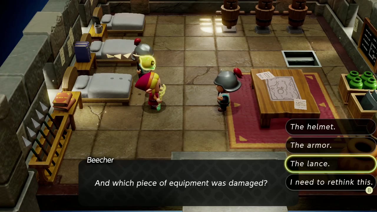 One Soldier Too Many - The Legend of Zelda: Echoes of Wisdom Walkthrough 21 Beecher asks which equipment was damaged; the answer The lance is highlighted.