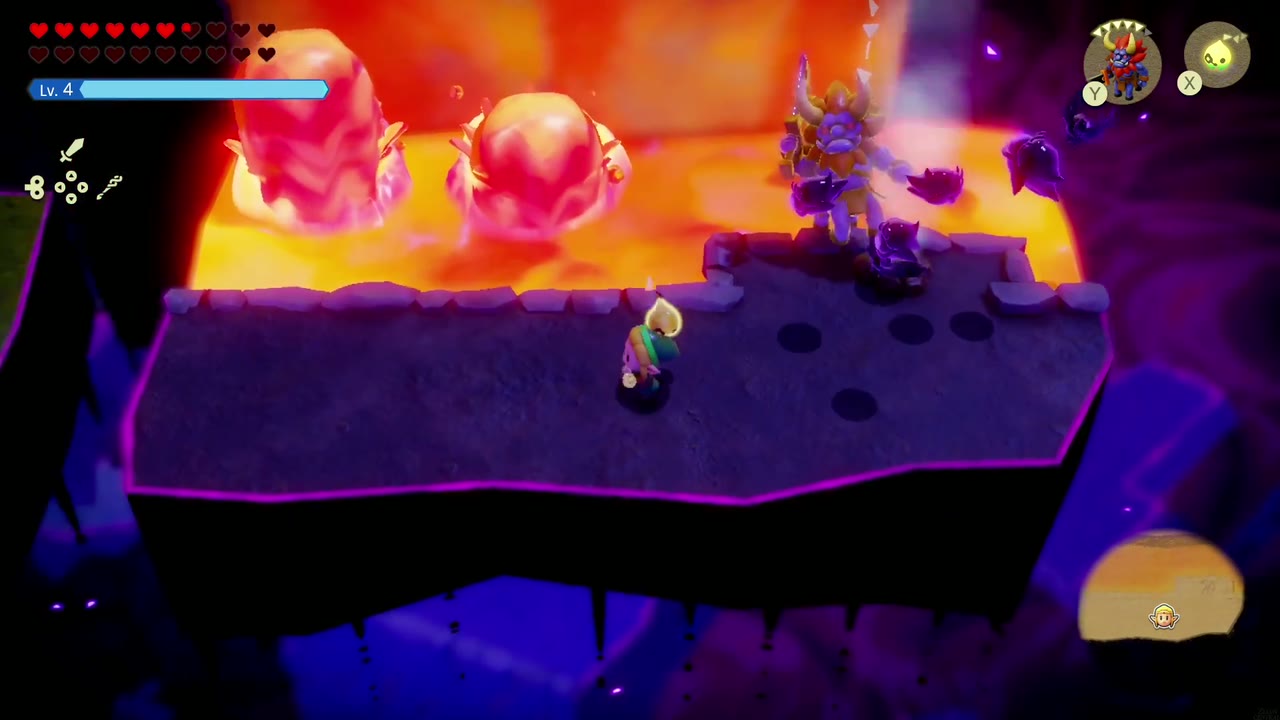 The Eternal Forest - The Legend of Zelda: Echoes of Wisdom Walkthrough 76 A horned, armored shadow warrior and Keese attack on the lava ledge of the Stilled Ancient Ruins.