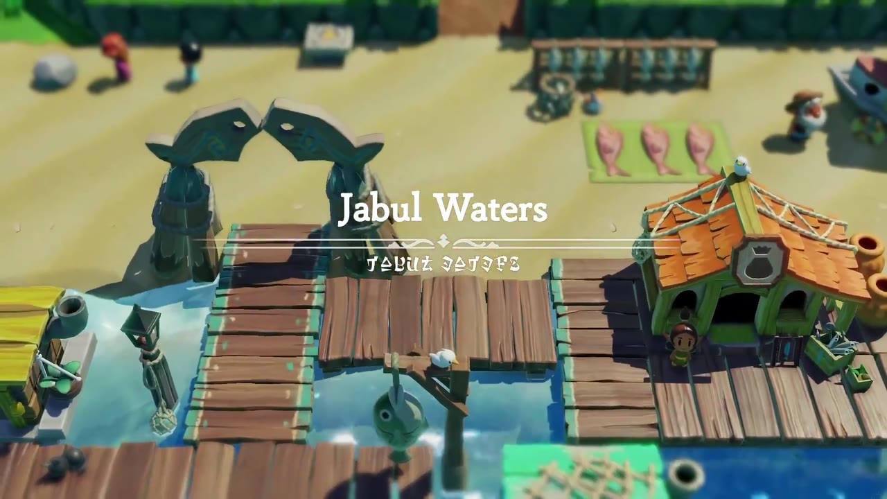 Gerudo Sanctum Dungeon - The Legend of Zelda: Echoes of Wisdom Walkthrough 143 The Jabul Waters title appears over the Zora docks as Zelda arrives.