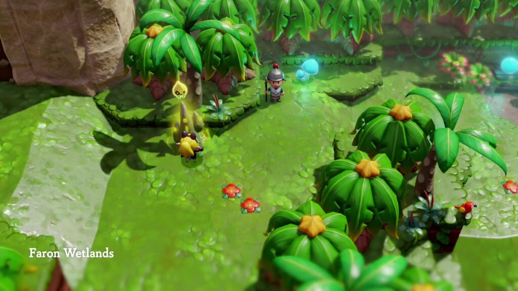 A Rift in the Faron Wetlands - The Legend of Zelda: Echoes of Wisdom Walkthrough 1 Zelda steps from the sandy cliffs into the jungle as the Faron Wetlands area name appears.