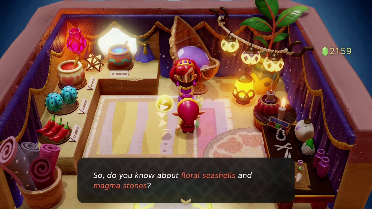 The artisan at the Gerudo Shop asks about floral seashells and magma stones for the pendant. The artisan at the Gerudo Shop asks about floral seashells and magma stones for the pendant.