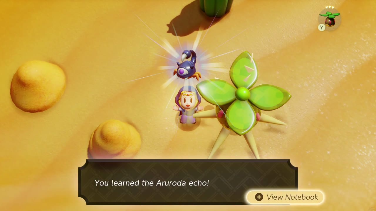 Zelda aprende o eco de Aruroda nas dunas de areia de Gerudo Deserto ao lado de um eco de Peahat Zelda aprende o eco de Aruroda nas dunas de areia de Gerudo Deserto ao lado de um eco de Peahat