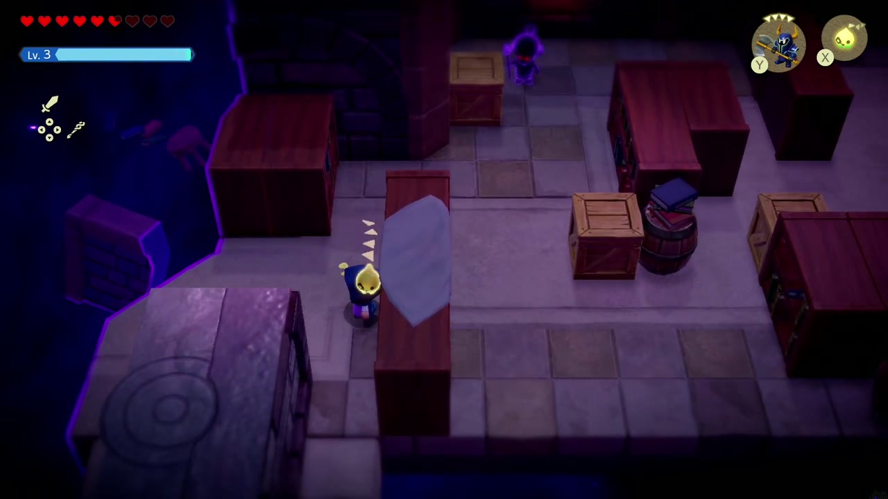 Hyrule Castle: Still Missing - The Legend of Zelda: Echoes of Wisdom Walkthrough 46 Zelda steps into the dark B1 storeroom, where shadowy spear guards patrol between the crates.
