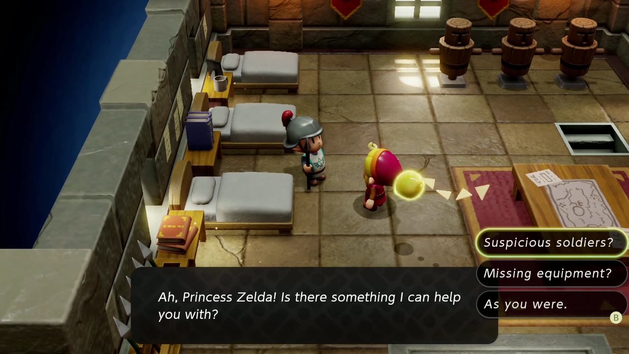 One Soldier Too Many - The Legend of Zelda: Echoes of Wisdom Walkthrough 11 In the Barracks a soldier asks how he can help, with the Missing equipment? option.