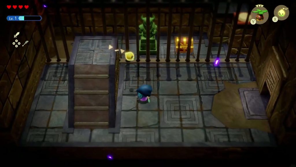A knight statue and a chest sit behind bars in the Suthorn Ruins barred room, with a pressure plate outside