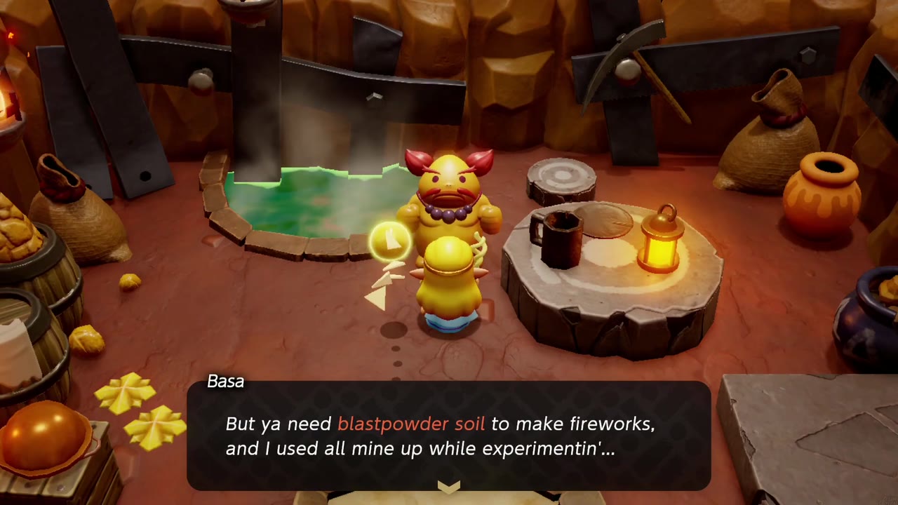 Basa in Goron City asks Zelda for blastpowder soil for her fireworks. Basa in Goron City asks Zelda for blastpowder soil for her fireworks.