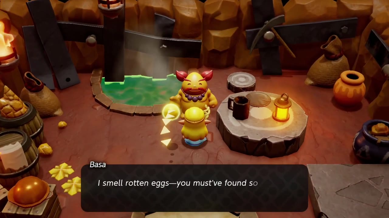 The Fireworks Artist - The Legend of Zelda: Echoes of Wisdom Walkthrough 20 Basa smells rotten eggs and guesses Zelda found blastpowder soil.