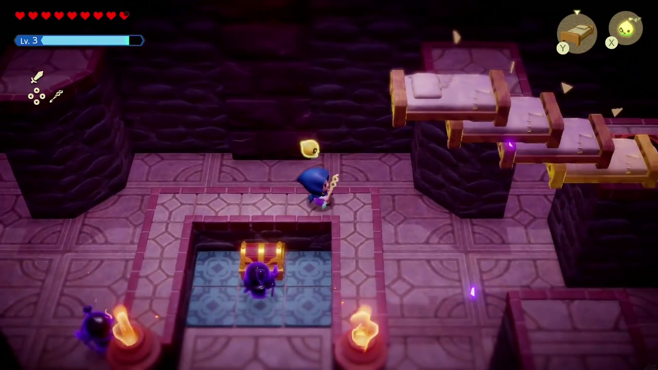 Hyrule Castle: Still Missing - The Legend of Zelda: Echoes of Wisdom Walkthrough 90 Zelda crosses back from the pillar on Old Beds and heads for the Small Key chest while guards patrol.
