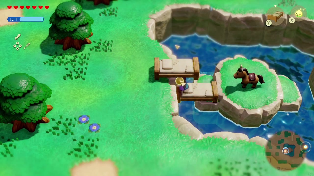 Bed echoes form a bridge to the runaway horse stranded on an island in a walled pond in Hyrule Field. Bed echoes form a bridge to the runaway horse stranded on an island in a walled pond in Hyrule Field.