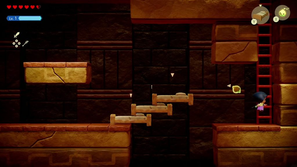 Gerudo Sanctum Dungeon - The Legend of Zelda: Echoes of Wisdom Walkthrough 98 Old Bed echoes stacked as steps let Zelda climb to the ladder on the right side.