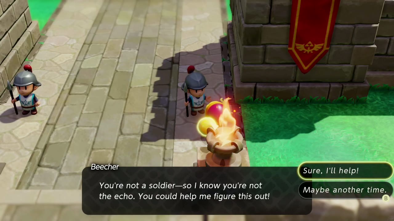 One Soldier Too Many - The Legend of Zelda: Echoes of Wisdom Walkthrough 2 Beecher at the castle gate asks Zelda to help find the echo, with the Sure, I'll help! option.