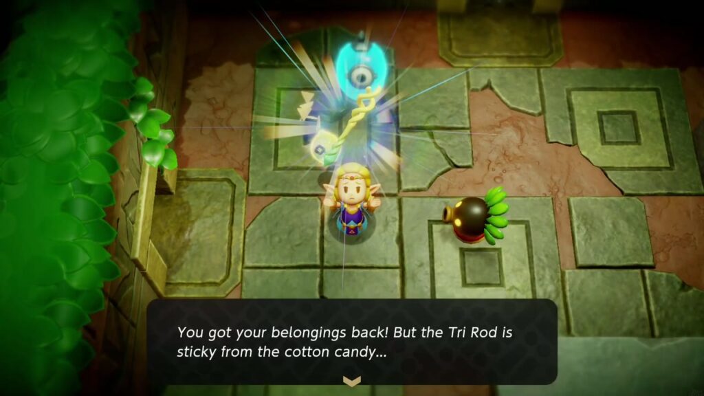 A Rift in the Faron Wetlands - The Legend of Zelda: Echoes of Wisdom Walkthrough 46 Zelda holds up the Tri Rod as the message says she got her belongings back, though the rod is sticky.